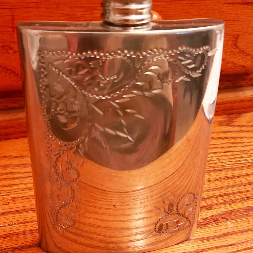 Hoffritz English Pewter 6 Ounce Flask Engraved Made In Sheffield England Vintage